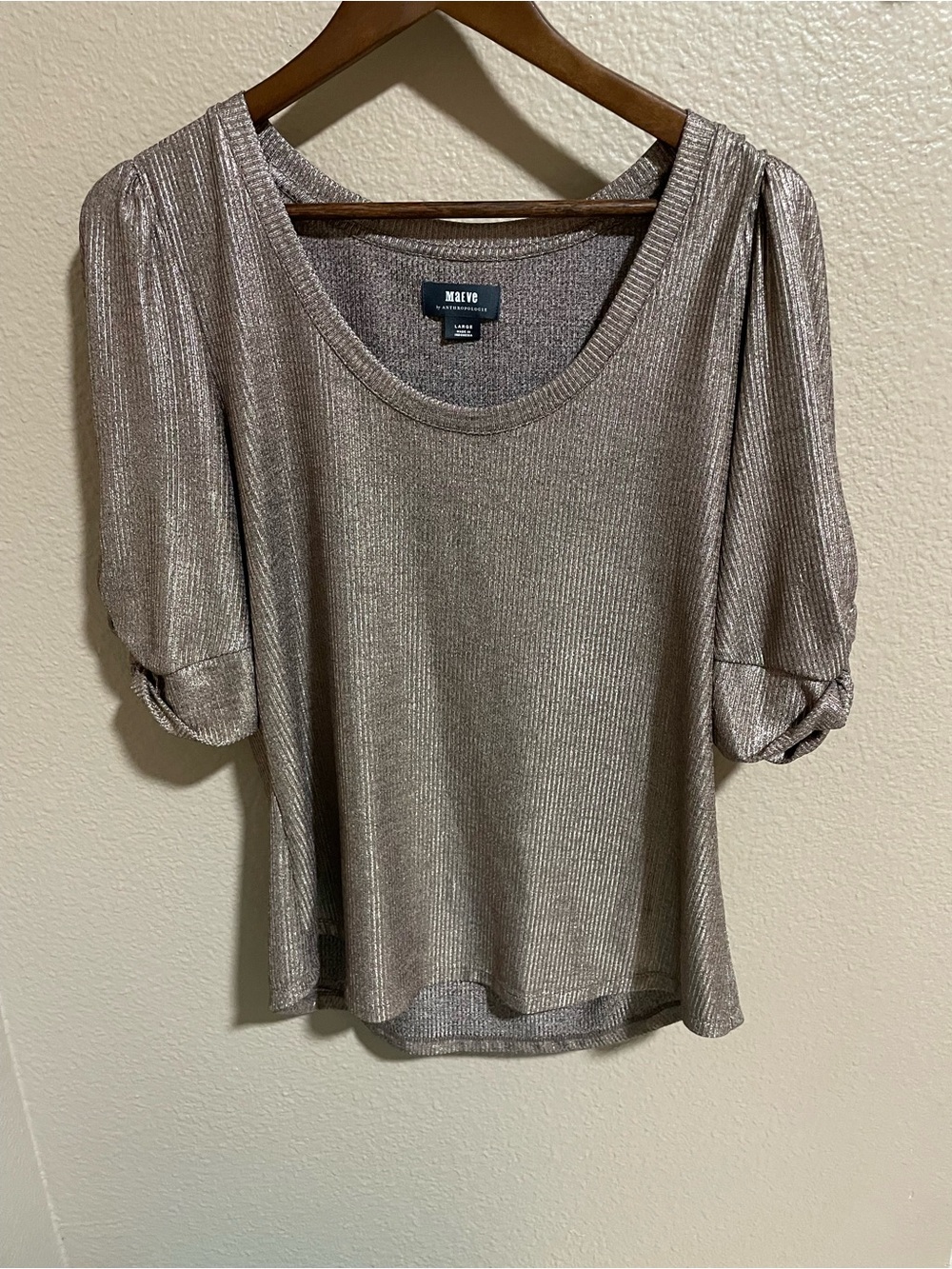 MAEVE Metallic Taupe Puff-Sleeve Ribbed Top